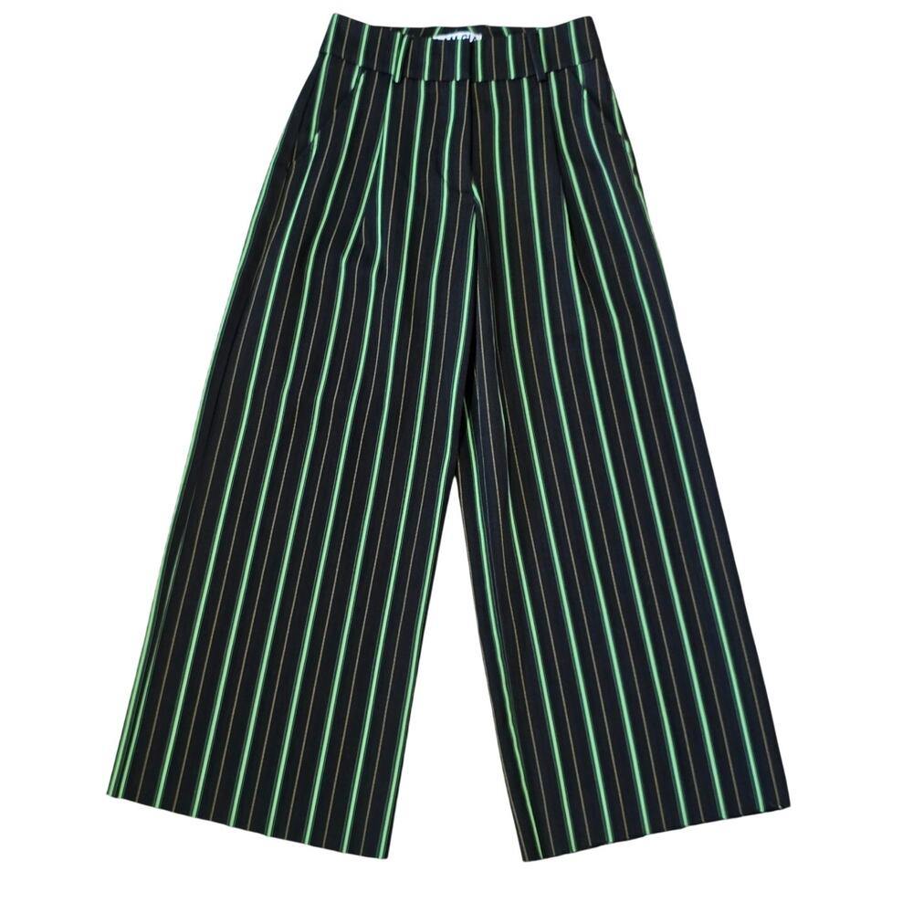 I.AM.GIA Black Green Pinstripe Wide Leg Pants Distressed Hem Size: XS
